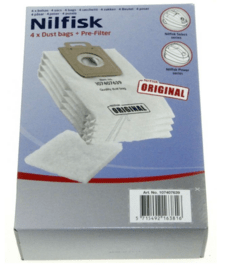 Nilfisk select støvsugerposer originale. 4 stk. 1 pre-filter.128389187, 107407639